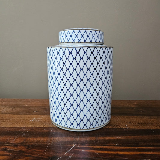 12" Blue & White Porcelain Canister Jar with Netted Design & Lid ~ 4 Available