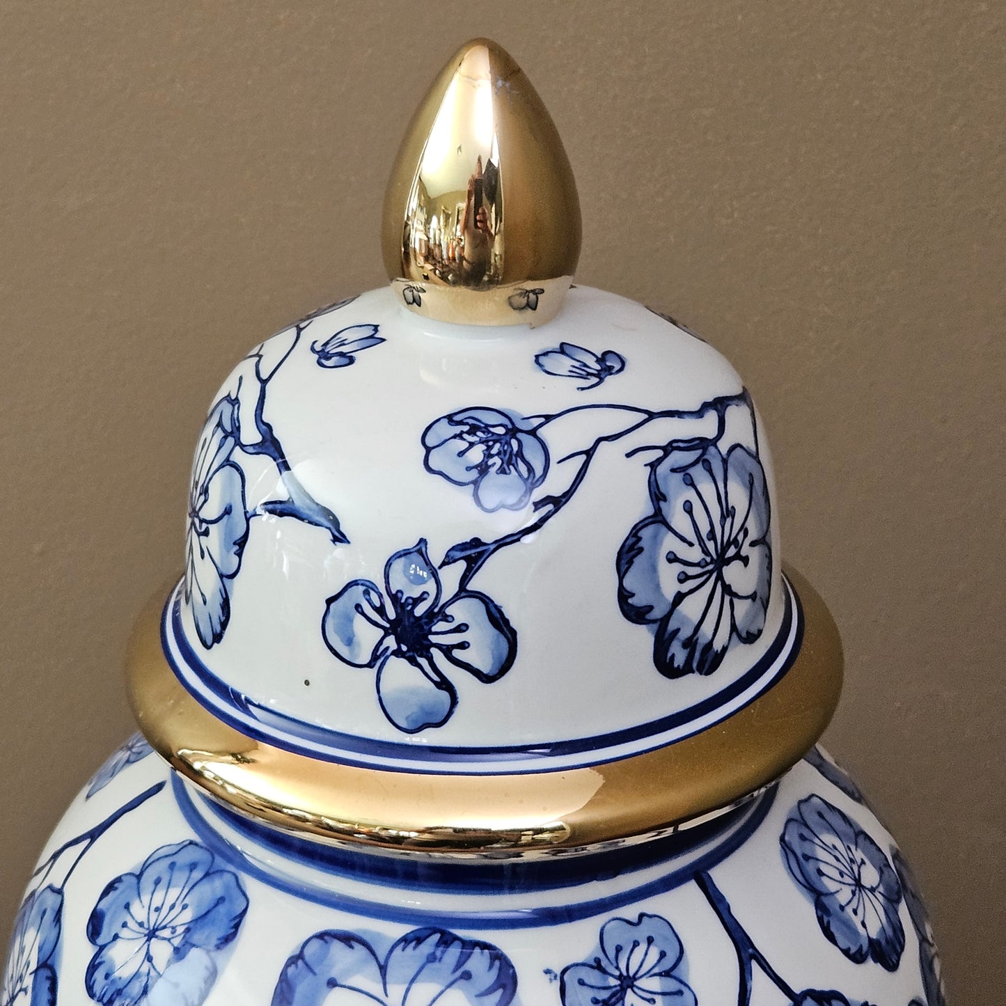 15" Blue & White Floral Porcelain Ginger Jar with Lid & Gold Accents ~ 6 Available