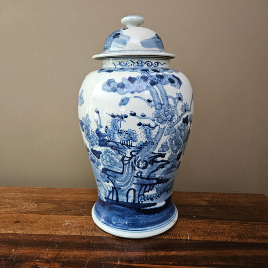 Large Asian Blue & White Porcelain Temple Jar with Lid