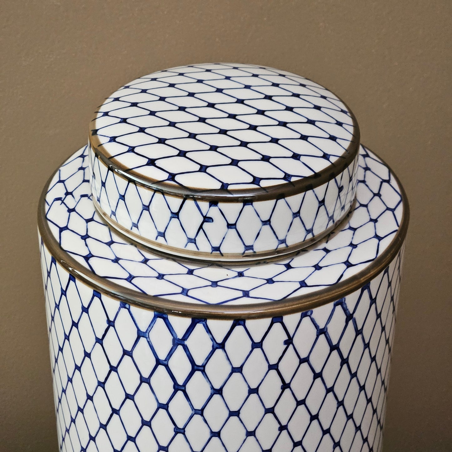 16" Blue & White Porcelain Canister Jar with Netted Design & Lid ~ 4 Available