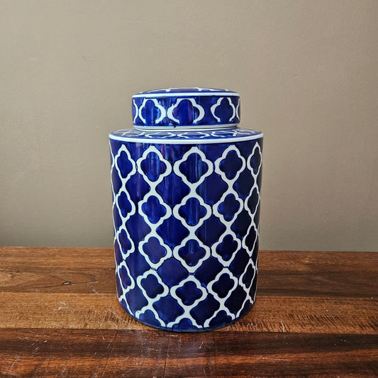 12" Blue & White Porcelain Canister Jar with Netted Design & Lid - 2 available
