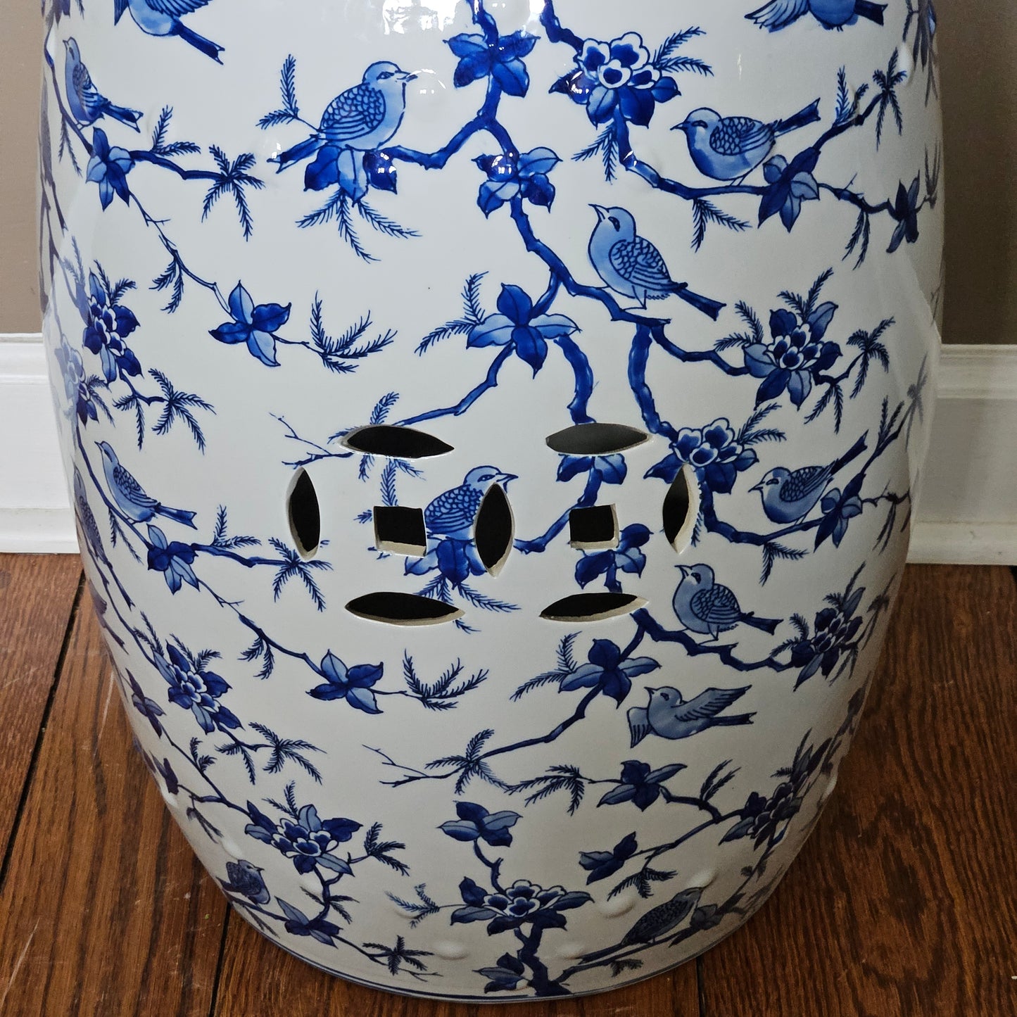 Asian Blue & White Porcelain Garden Stool with Floral Design ~ 2 Available