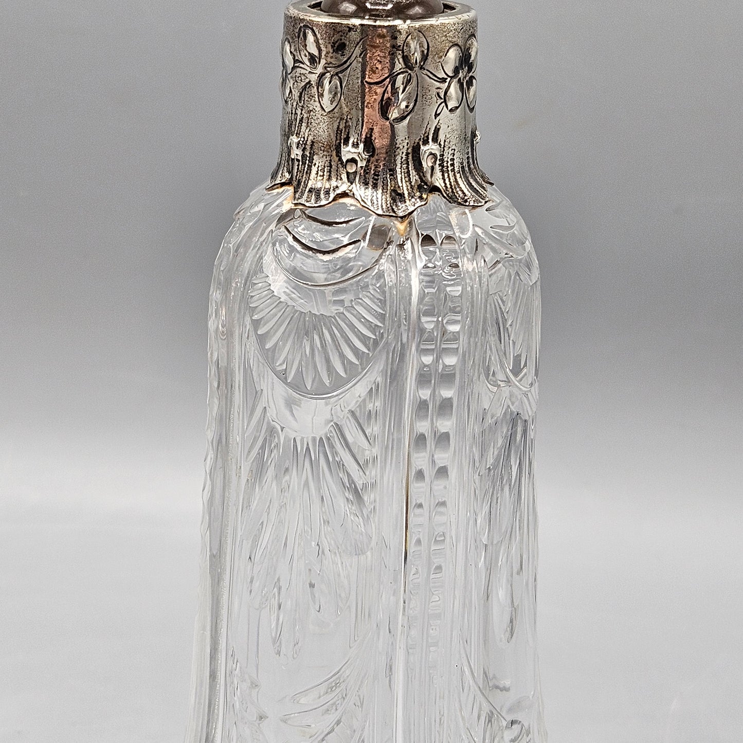 Antique Bottle Decanter with Silver Overlay with F & B Sterling Silver Top