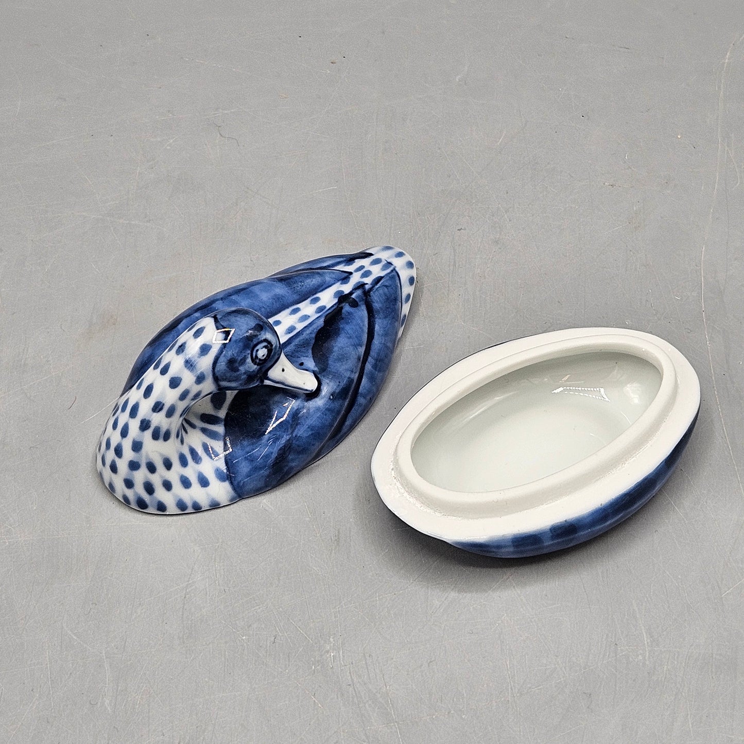 Vintage Fitz & Floyd Blue & White Porcelain Duck Trinket Dish