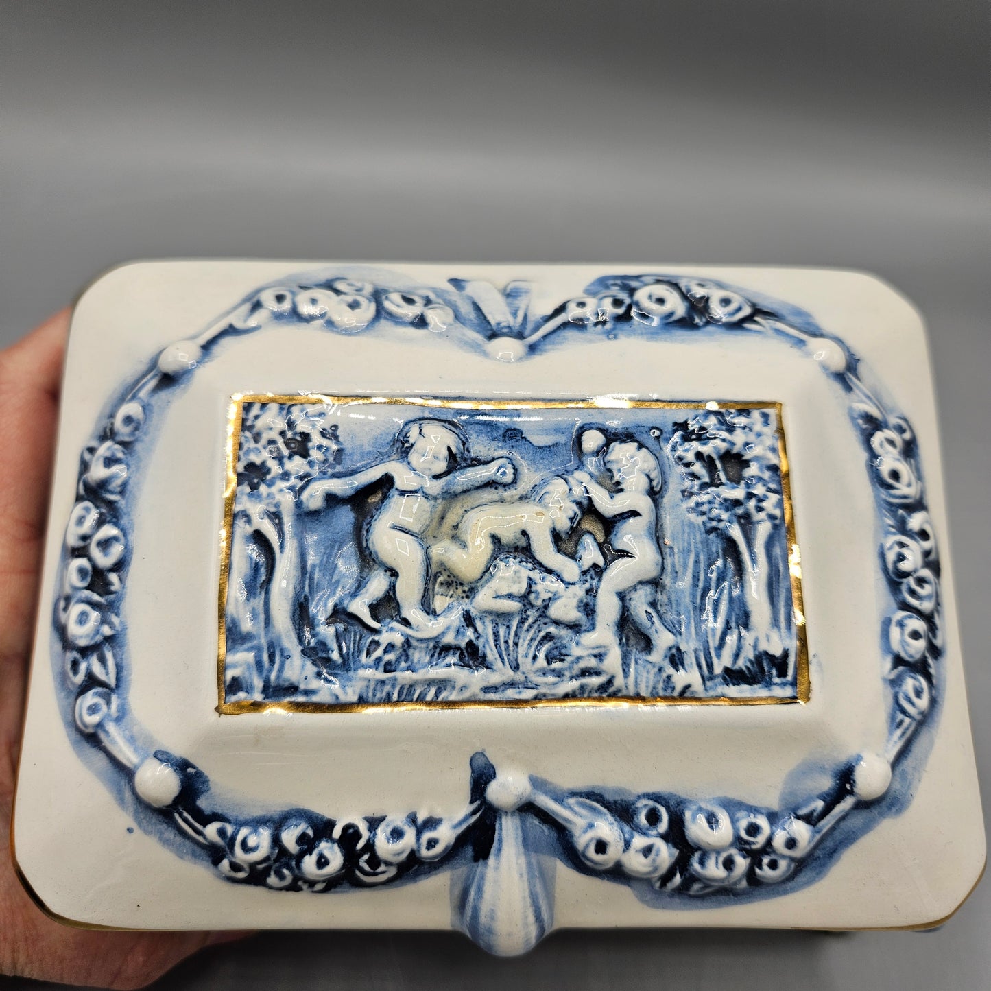 Vintage R Capodimonte Porcelain Blue & Gold Trinket Box
