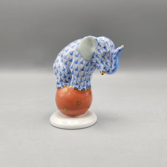 Vintage Blue Fishnet Herend Elephant on Ball Animal Figurine