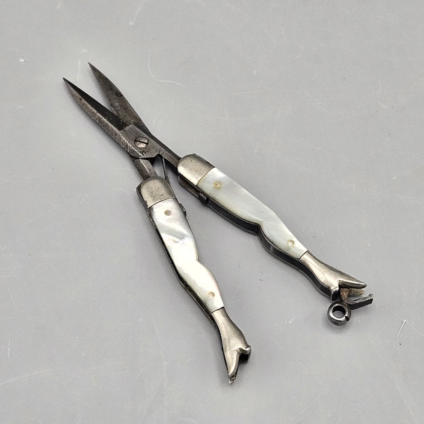 Antique Mother of Pearl Leg Form Sewing Scissors