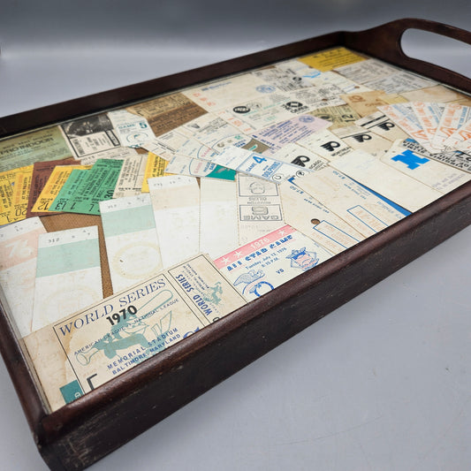 Wonderful Wooden Bar Tray with Vintage Sports Tickets Including 1970 World Series Tickets