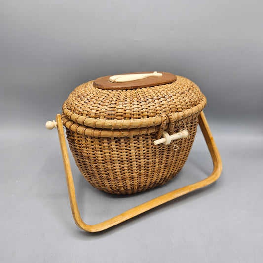 Vintage Lined Nantucket Basket with Whale on Top