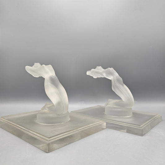 Stunning Pair of Lalique Frosted Glass 'Chrysis' Figural Bookends Model Introduced 1931