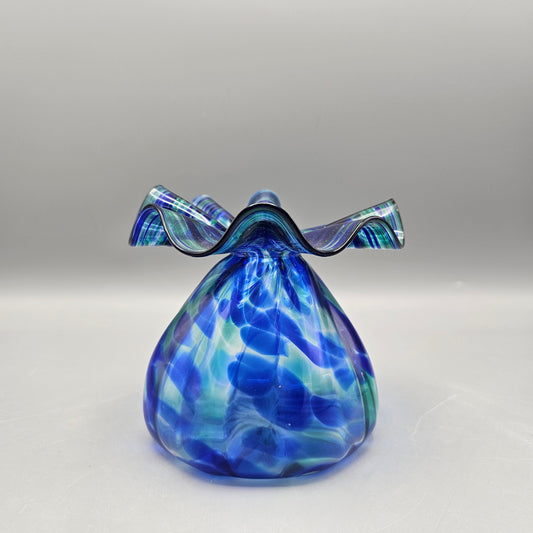 Beautiful Signed BLue Vase by Cape Cod Glass Studio Vase with Ruffled Top