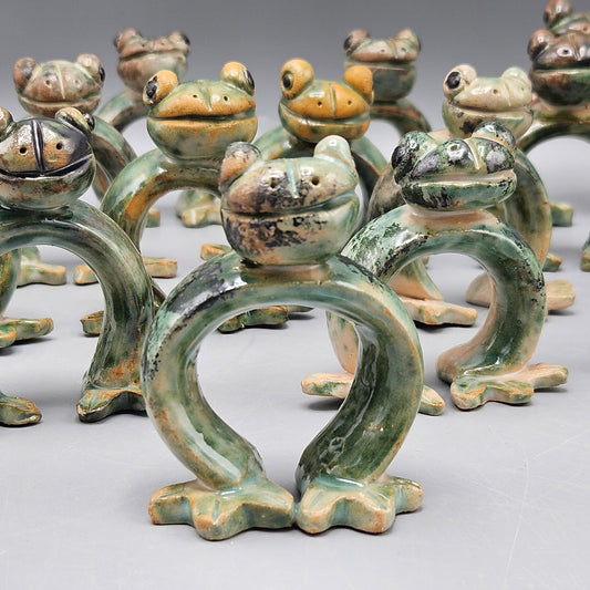Amazing Set of 20 Handmade Art Pottery Frog Shaped Napkin Rings