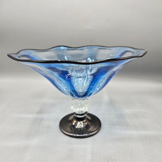 Signed Blue Art Glass Pedestal Vase with Ruffled Rim