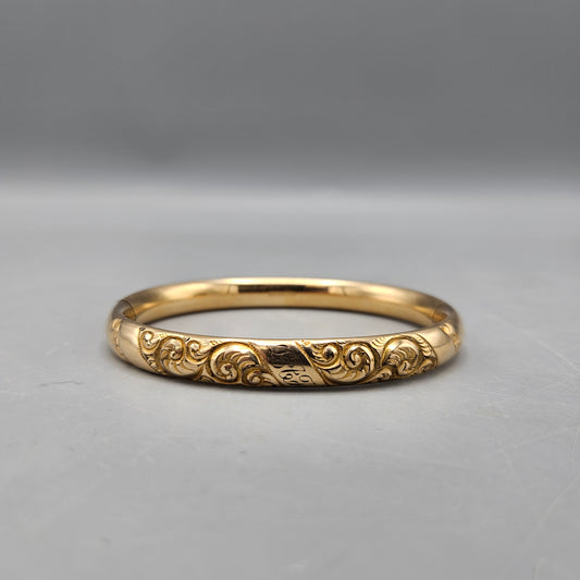 Gold Filled Bangle Monogrammed Floral Hinged Bracelet