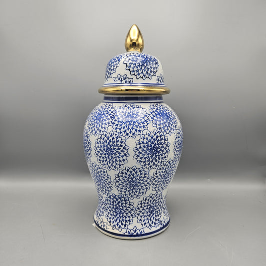 Blue & White Chrysanthemum Flower Porcelain Ginger Jar with Lid & Gold Accents ~ 4 Available