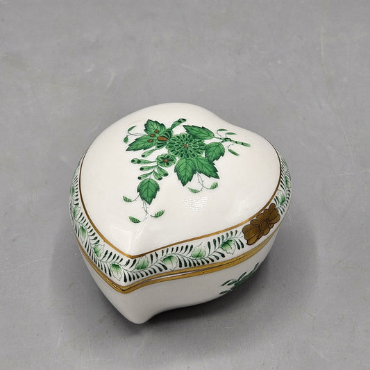 Vintage Herend Lidded Heart Shaped Trinket Box in Green Chinese Bouquet