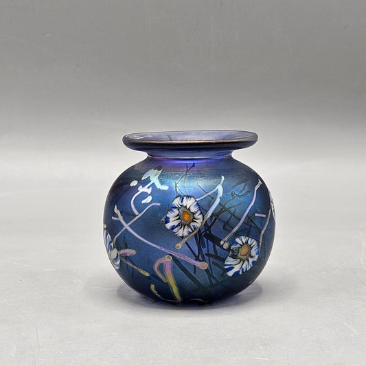 Small Signed Blue Luster Vase with Millefiori Design