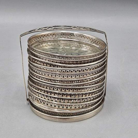 Set of 12 Vintage Glass and Sterling Silver Coasters with Caddy