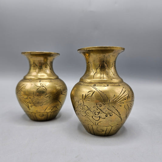 Pair of Vintage Brass Etched Vases with Birds