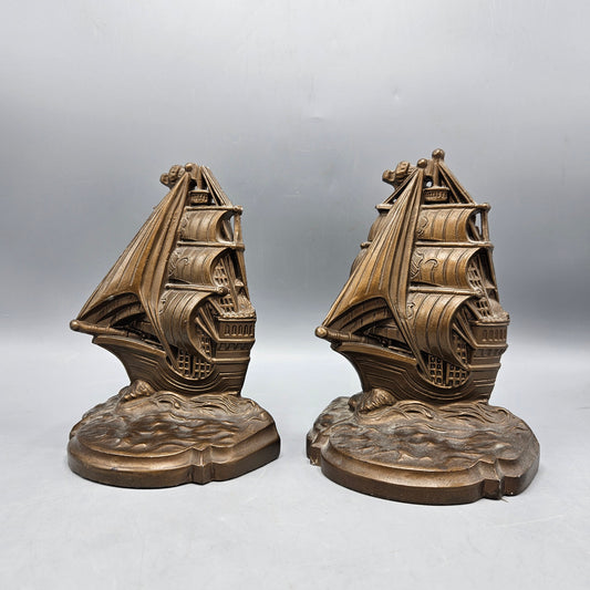 Vintage Cast Metal Painted Bronze C.H. Inc. NYC 1930 Sailing Clipper Ship Bookends