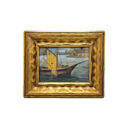 Antique Small Original Pastel Painting of Boat in Harbor