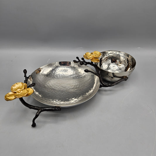 Michael Aram Style Double Bowl with Gold Flower Accents