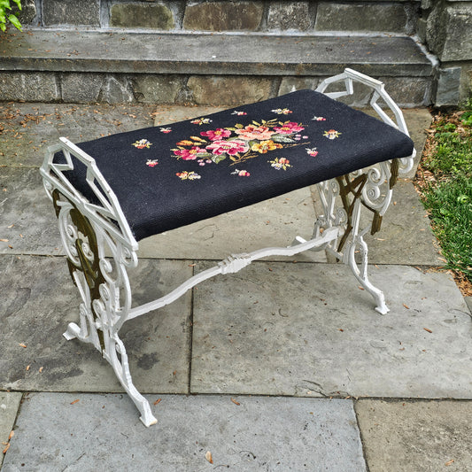 Antique Art Deco Bench with Needlepoint Seat