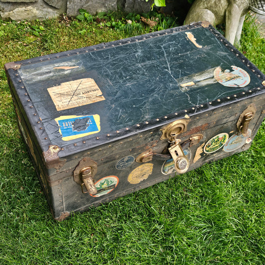 Antique Flat Top Steamer Trunk with Travel Stickers