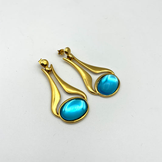 Designer Vintage Gold & Blue Dangle Earrings
