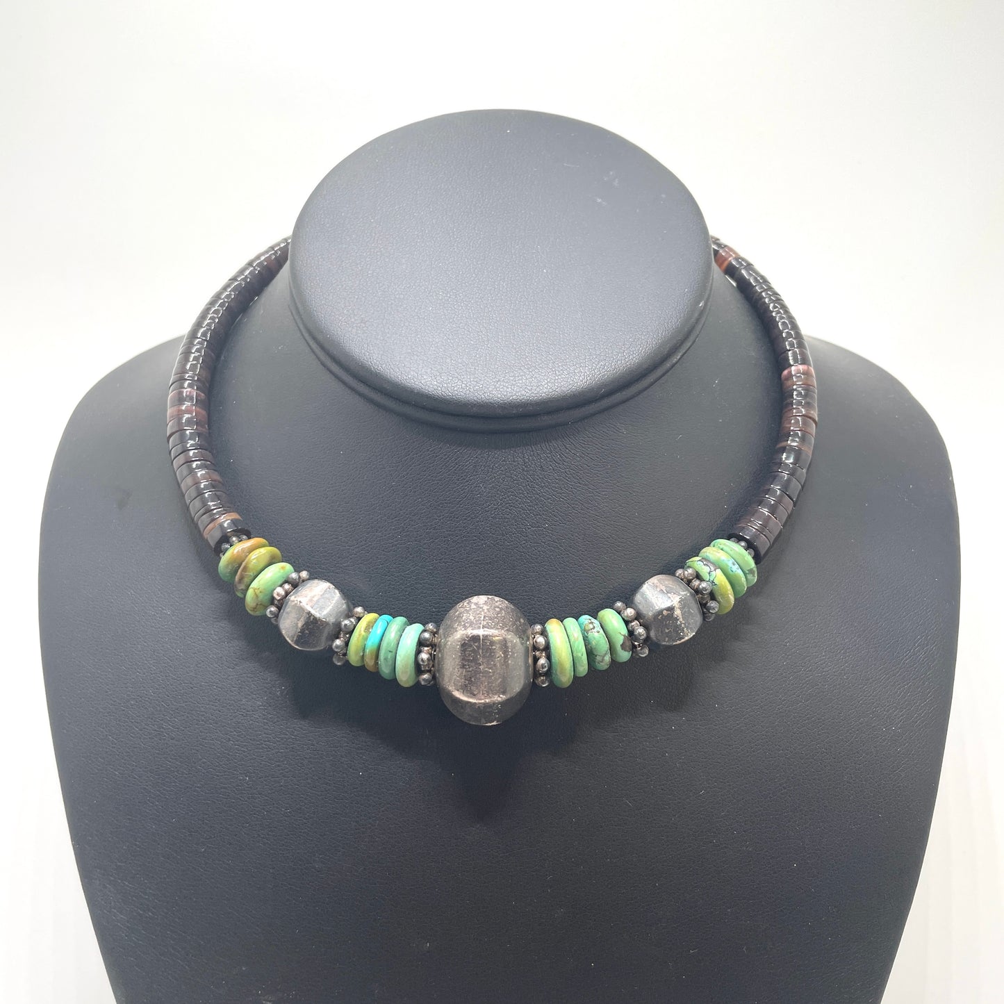 Vintage Black & Turquoise Choker Necklace with Sterling Clasp