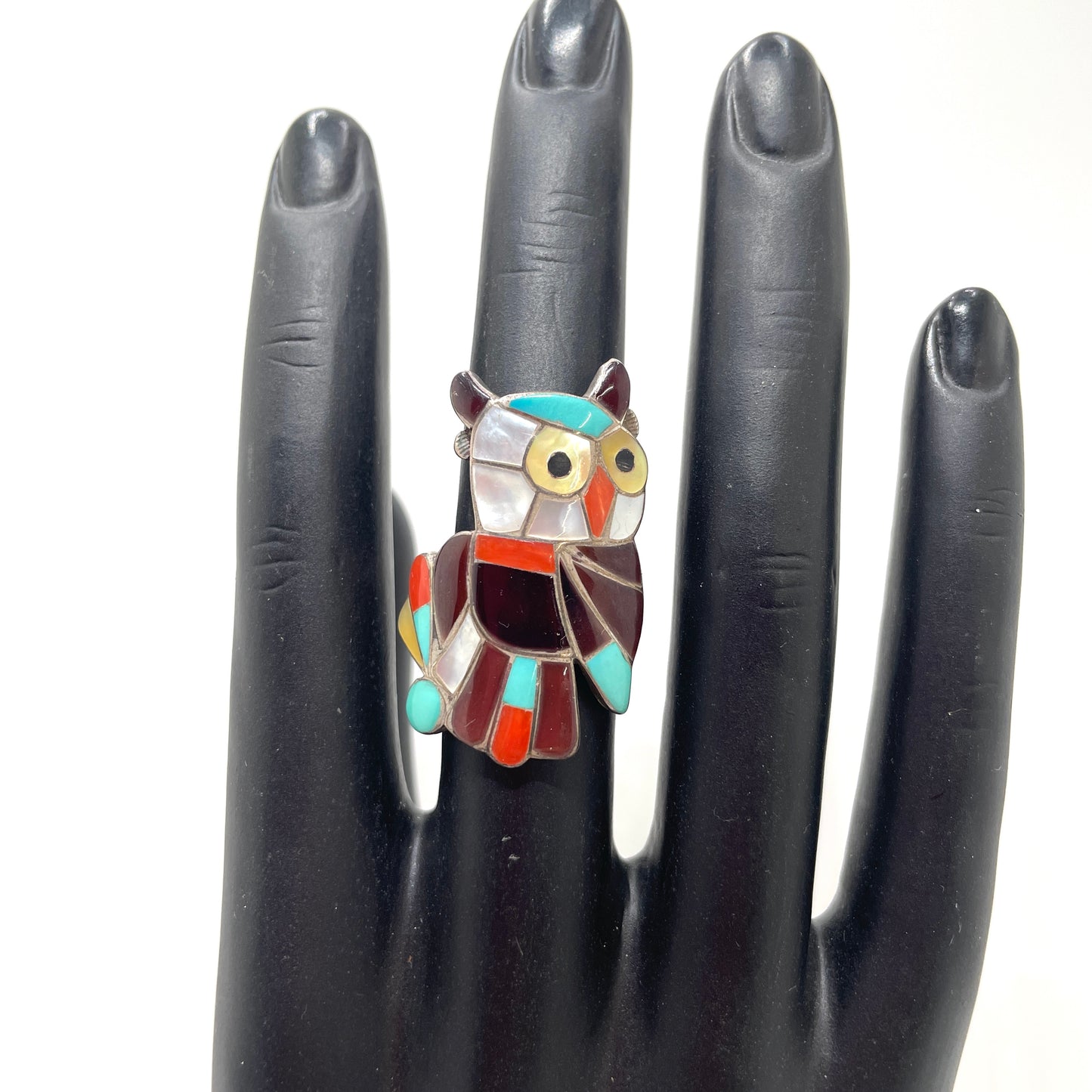 Vintage Natural Stone Mosaic Owl Ring - Size 7