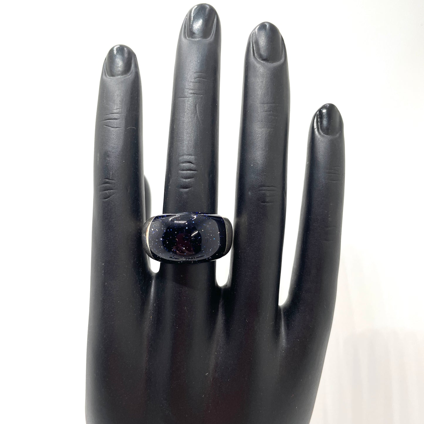 Vintage Sterling Shiny Black/Blue Ring - Size 7.5