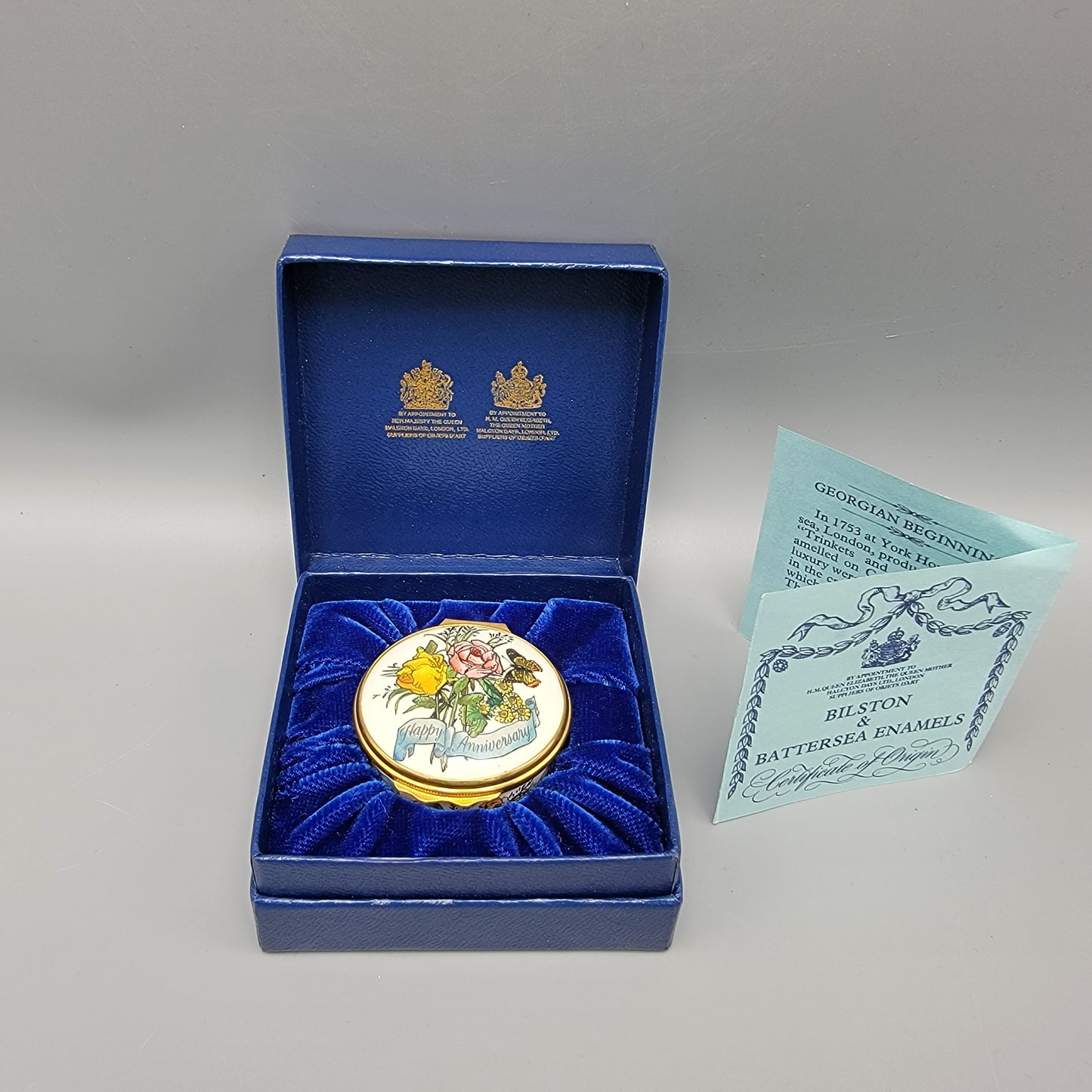 Bilston & Battersea Enamel Box - Happy Anniversary with Roses