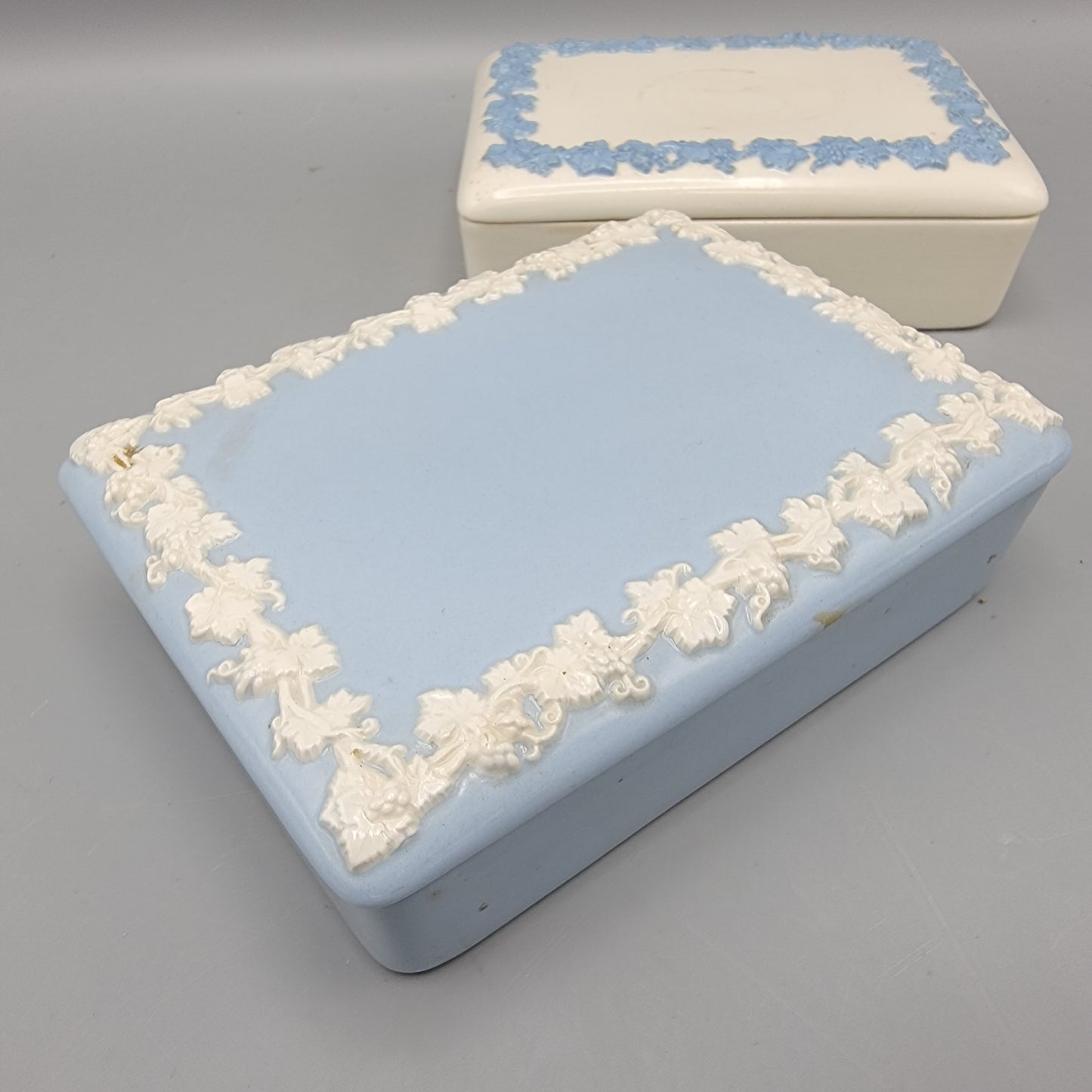 Two Wedgwood Queensware Rectangular Boxes with Grapevine Decoration