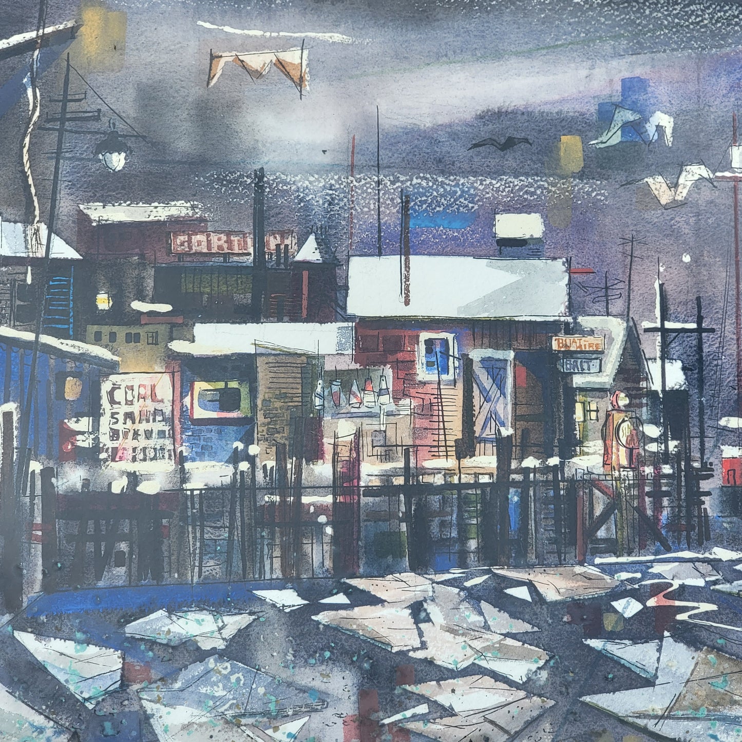 Robert J. Cronauer Watercolor Coal Yard and Fishing Boat