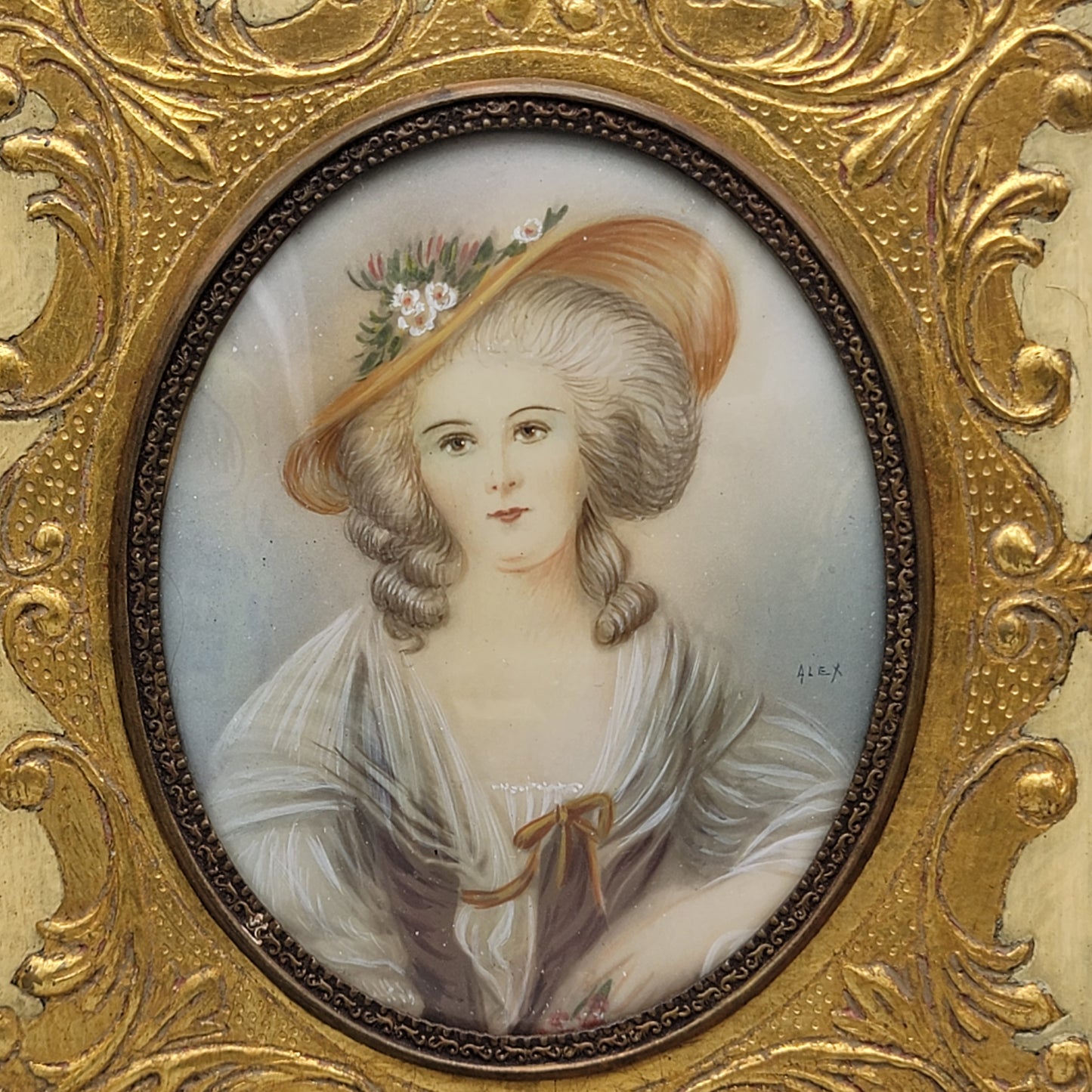 Italian Miniature Painting on Celluloid in Papier Mache Frame - Signed Alex