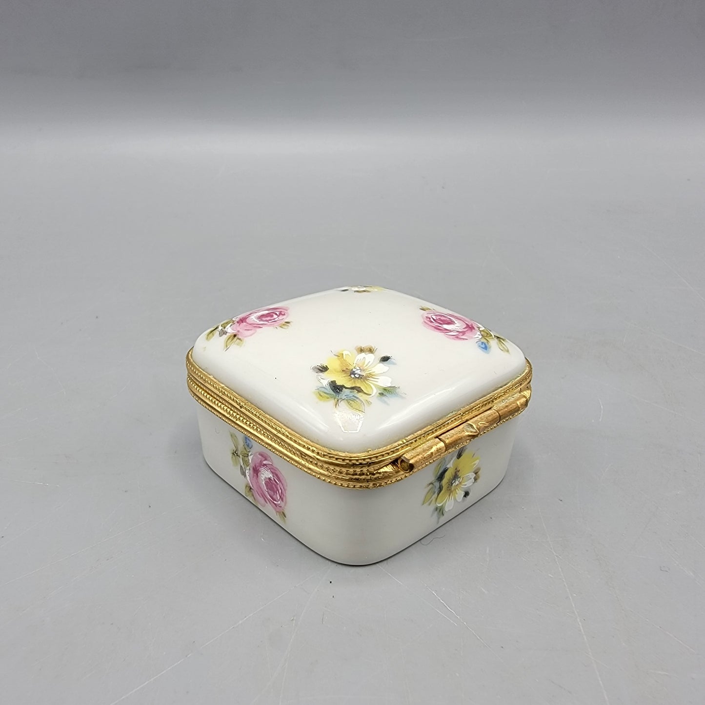Square Limoges Porcelain Box with Handpainted Flowers
