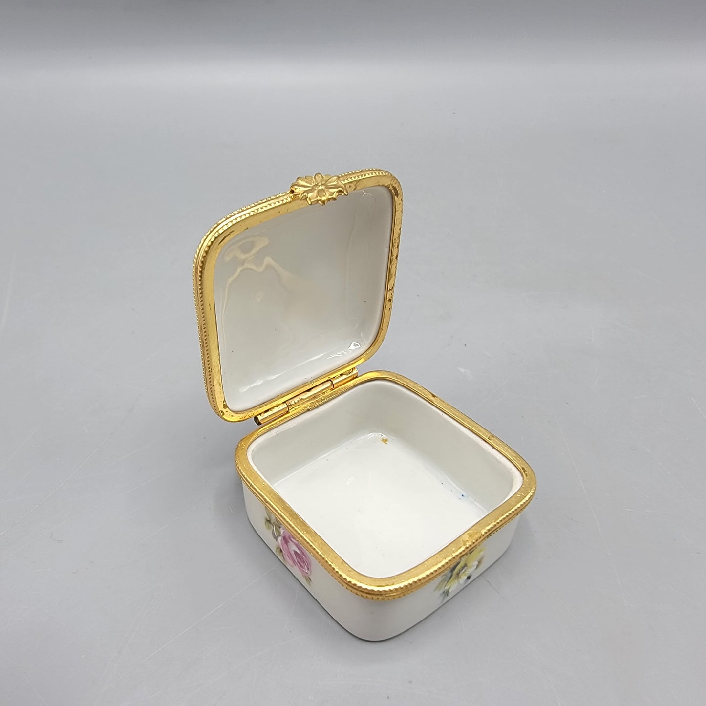 Square Limoges Porcelain Box with Handpainted Flowers