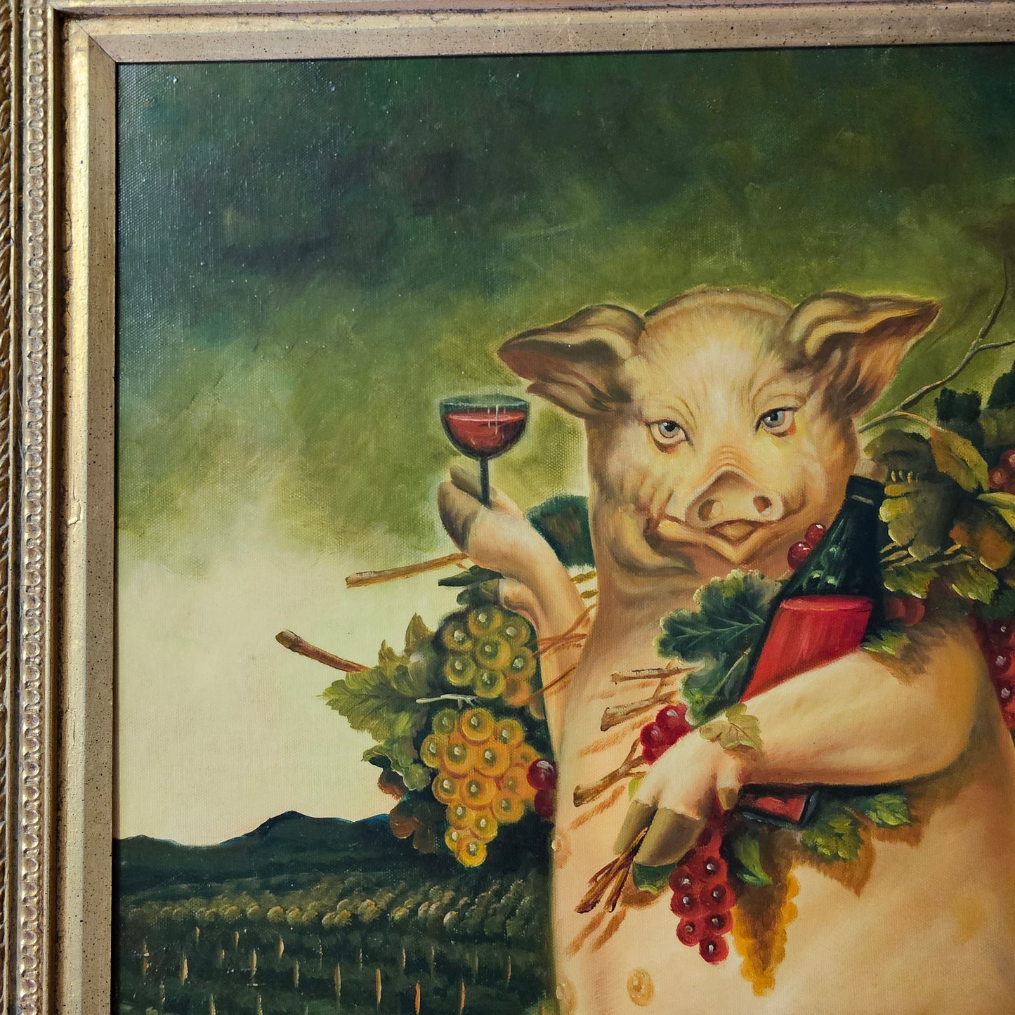 Decorator Painting of a Pig Holding a Wine Glass in a Vineyard - Signed Harris