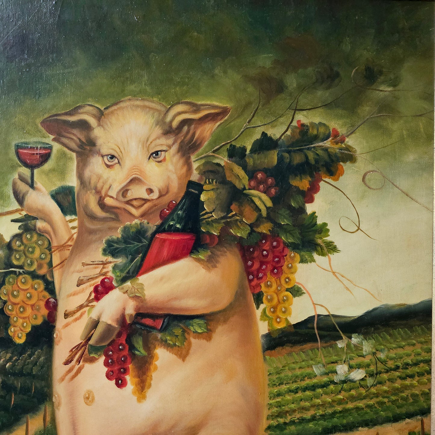 Decorator Painting of a Pig Holding a Wine Glass in a Vineyard - Signed Harris