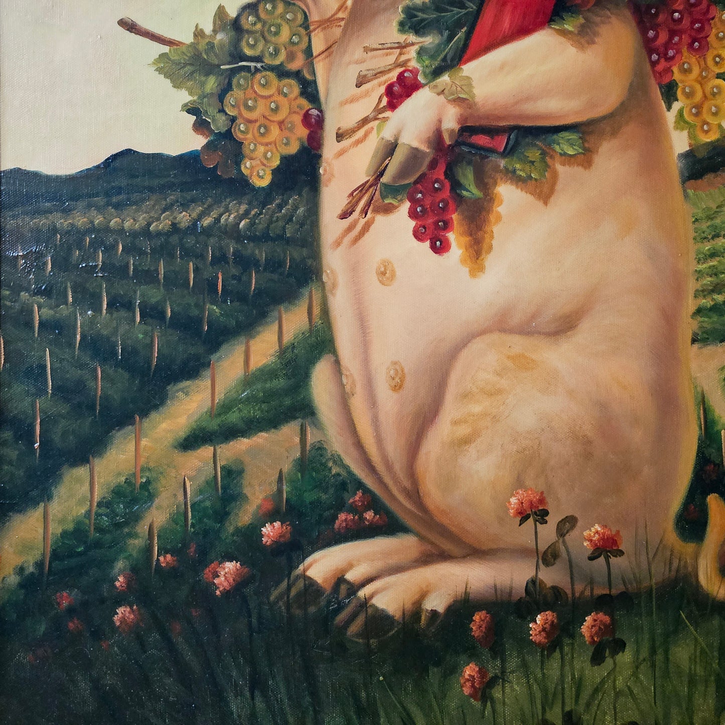 Decorator Painting of a Pig Holding a Wine Glass in a Vineyard - Signed Harris