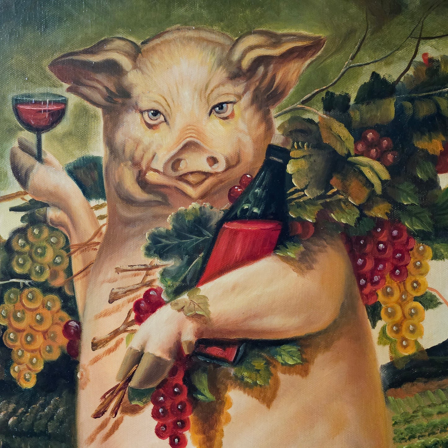 Decorator Painting of a Pig Holding a Wine Glass in a Vineyard - Signed Harris