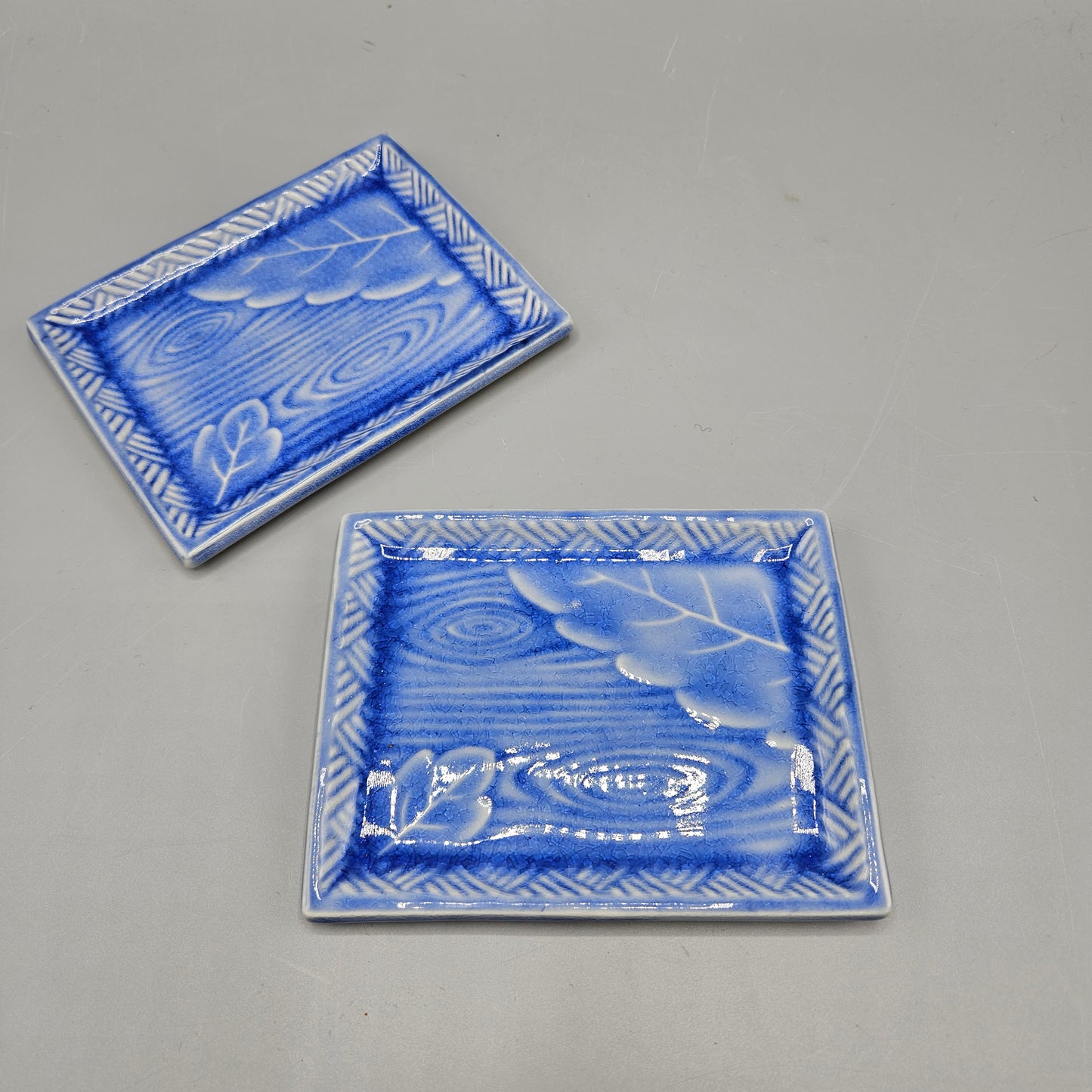 Two Studio Pottery Blue Woodgrain Porcelain Plates