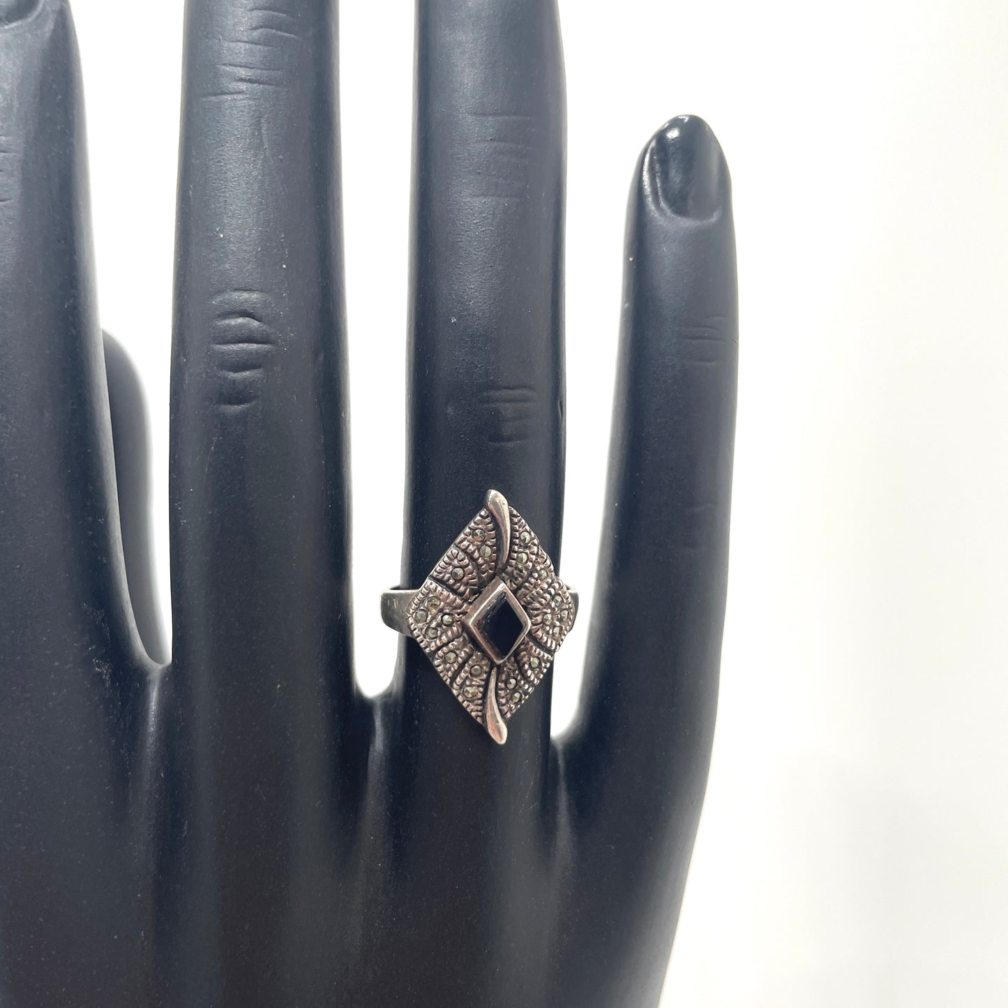 Vintage Sterling Silver & Black Onyx Art Deco Ring - Size 6.5