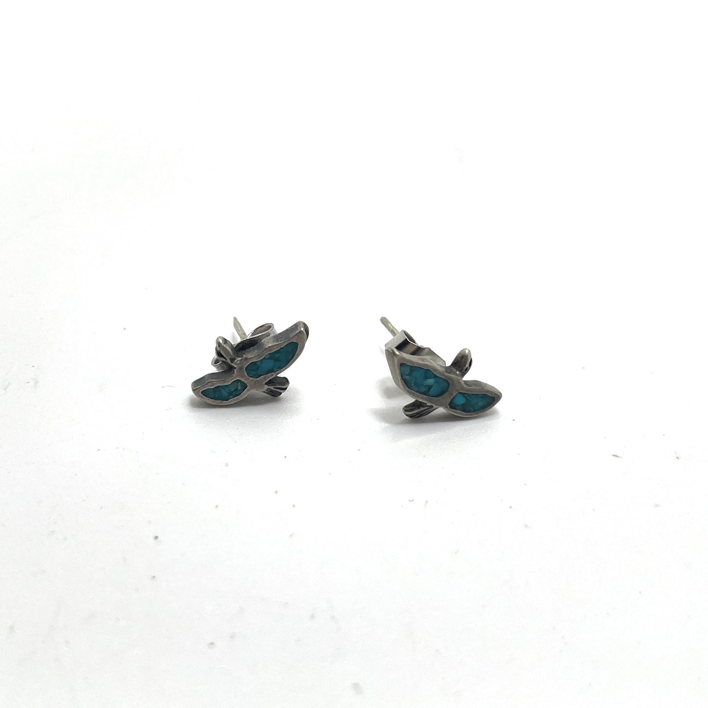 Vintage Sterling Silver & Mosaic Turquoise Small Bird Earrings