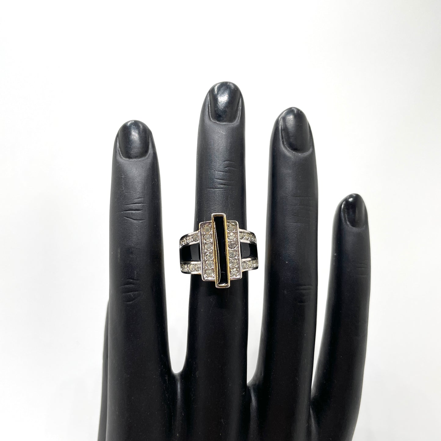 1980s Goldplate Cocktail Ring Black & Crystal - Size 6