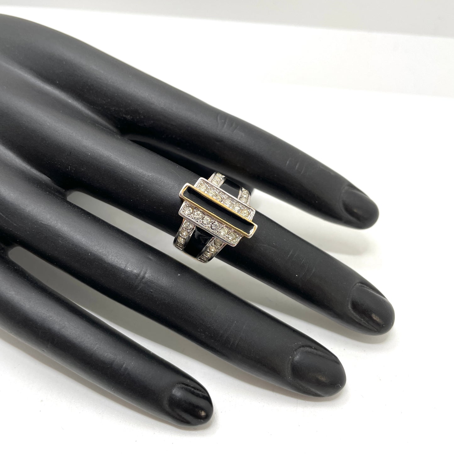 1980s Goldplate Cocktail Ring Black & Crystal - Size 6