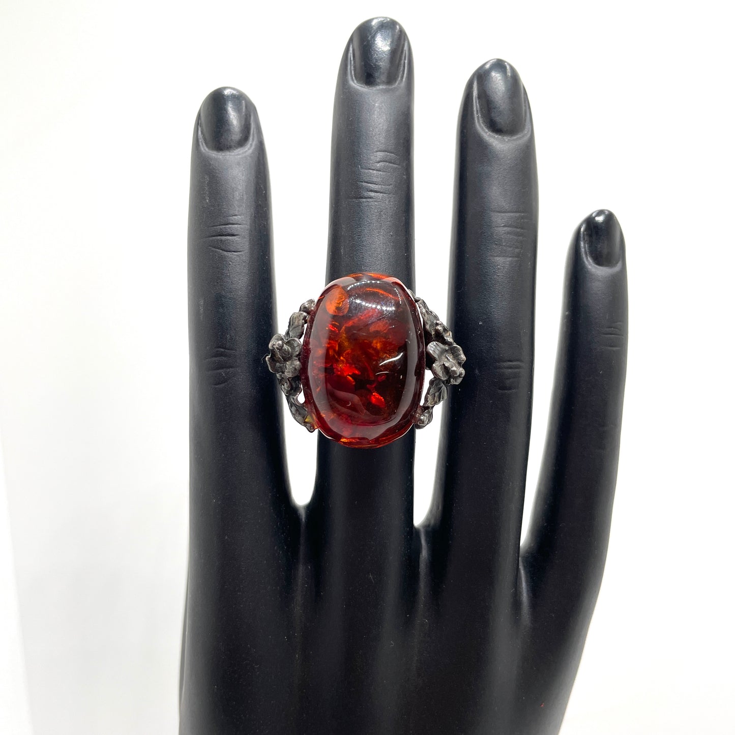 Vintage Sterling Silver & Large Amber Ring - Size 6.5