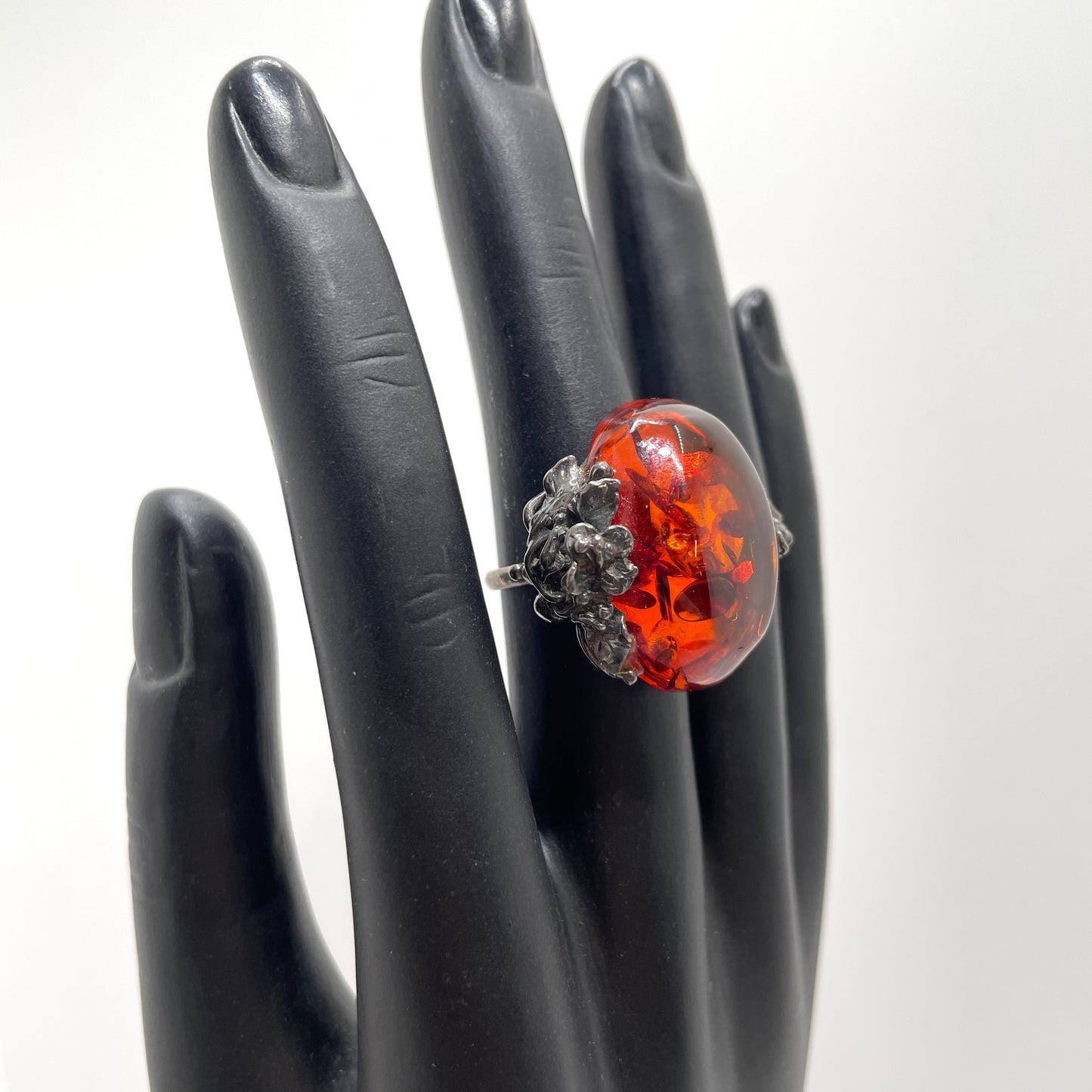 Vintage Sterling Silver & Large Amber Ring - Size 6.5