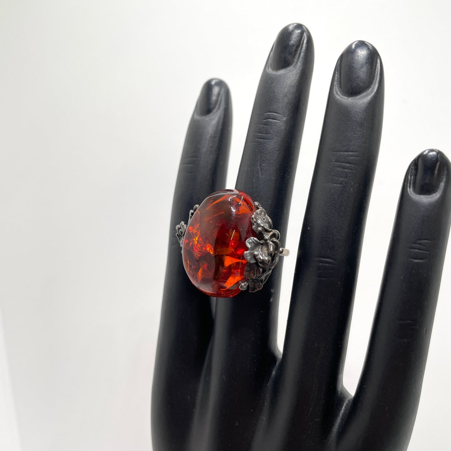 Vintage Sterling Silver & Large Amber Ring - Size 6.5